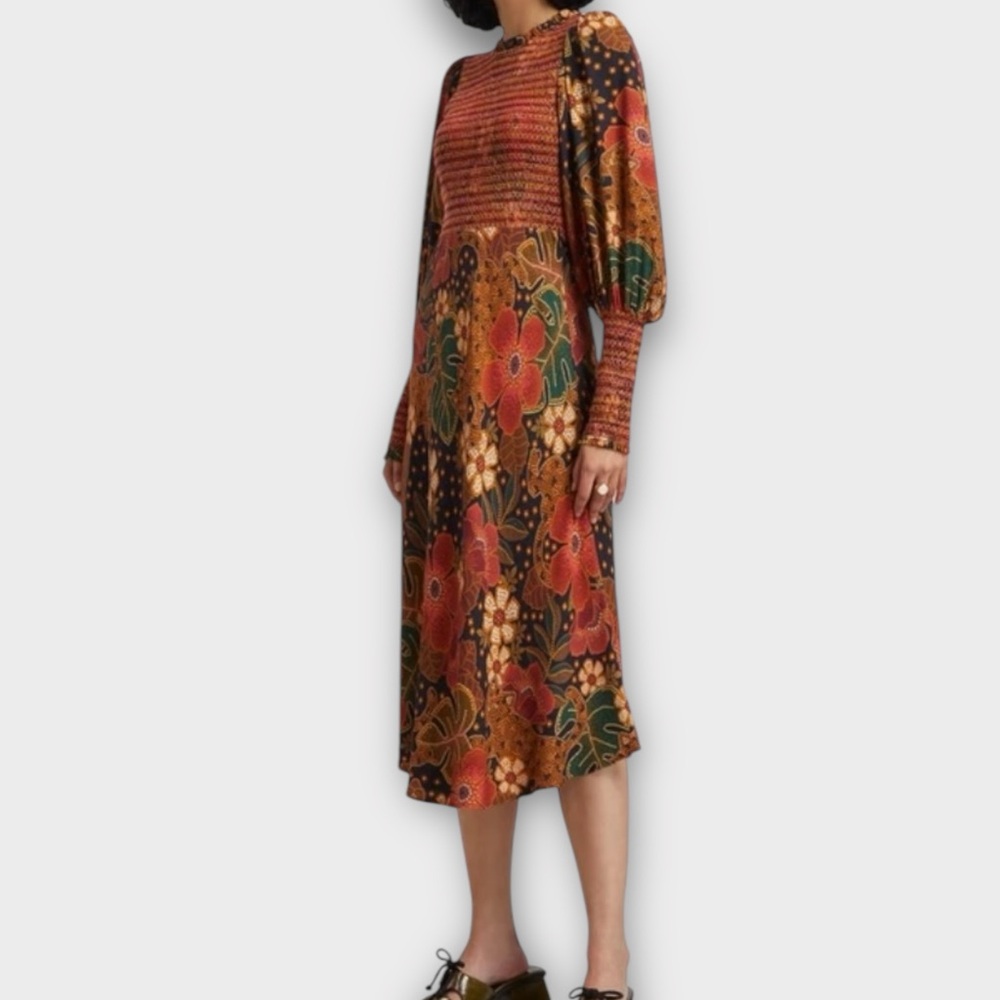 Farm Rio Women’s Flowered Leopard Midi Dress XS Crepe Frilled Puff Sleeve Boho